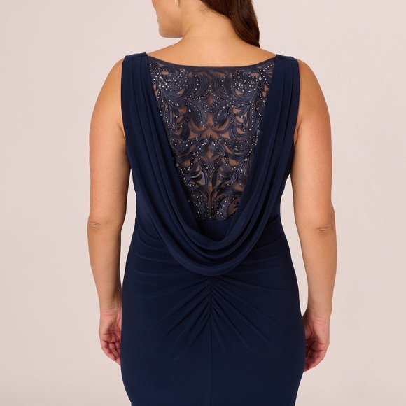 New Adrianna Papell Sleeveless Jersey Gown Embellished Lace Cowl Back Midnight - Picture 3 of 15